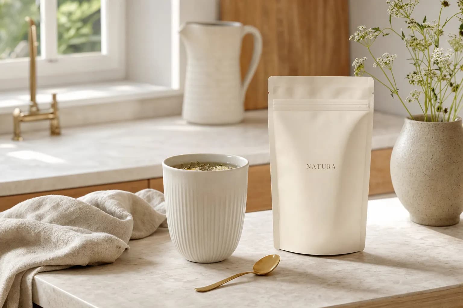 A Natura pouch, a ceramic mug and a gold spoon on a sunlit kitchen counter.