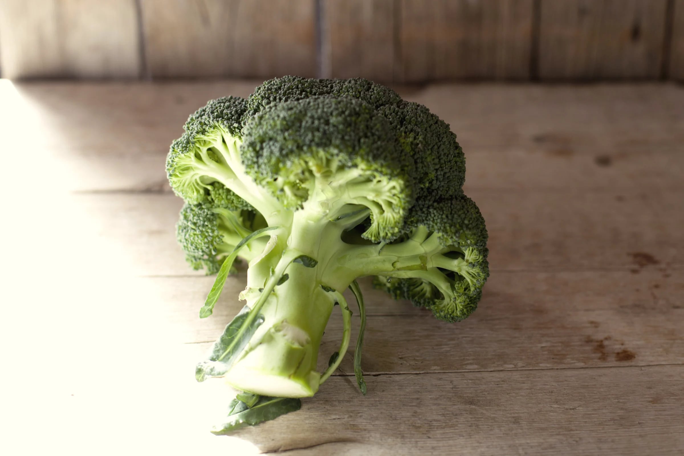 A head of broccoli on a rustic wooden table