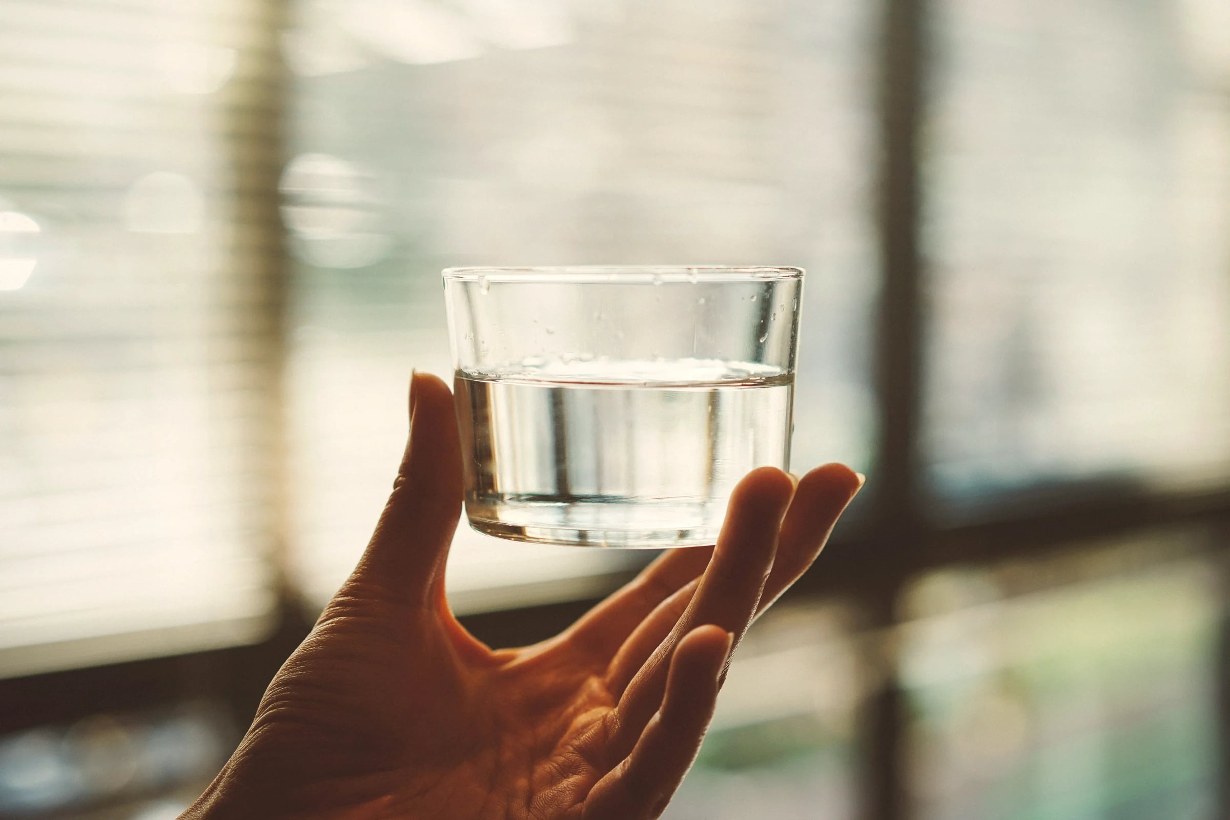A hand holding a glass of water up to window light