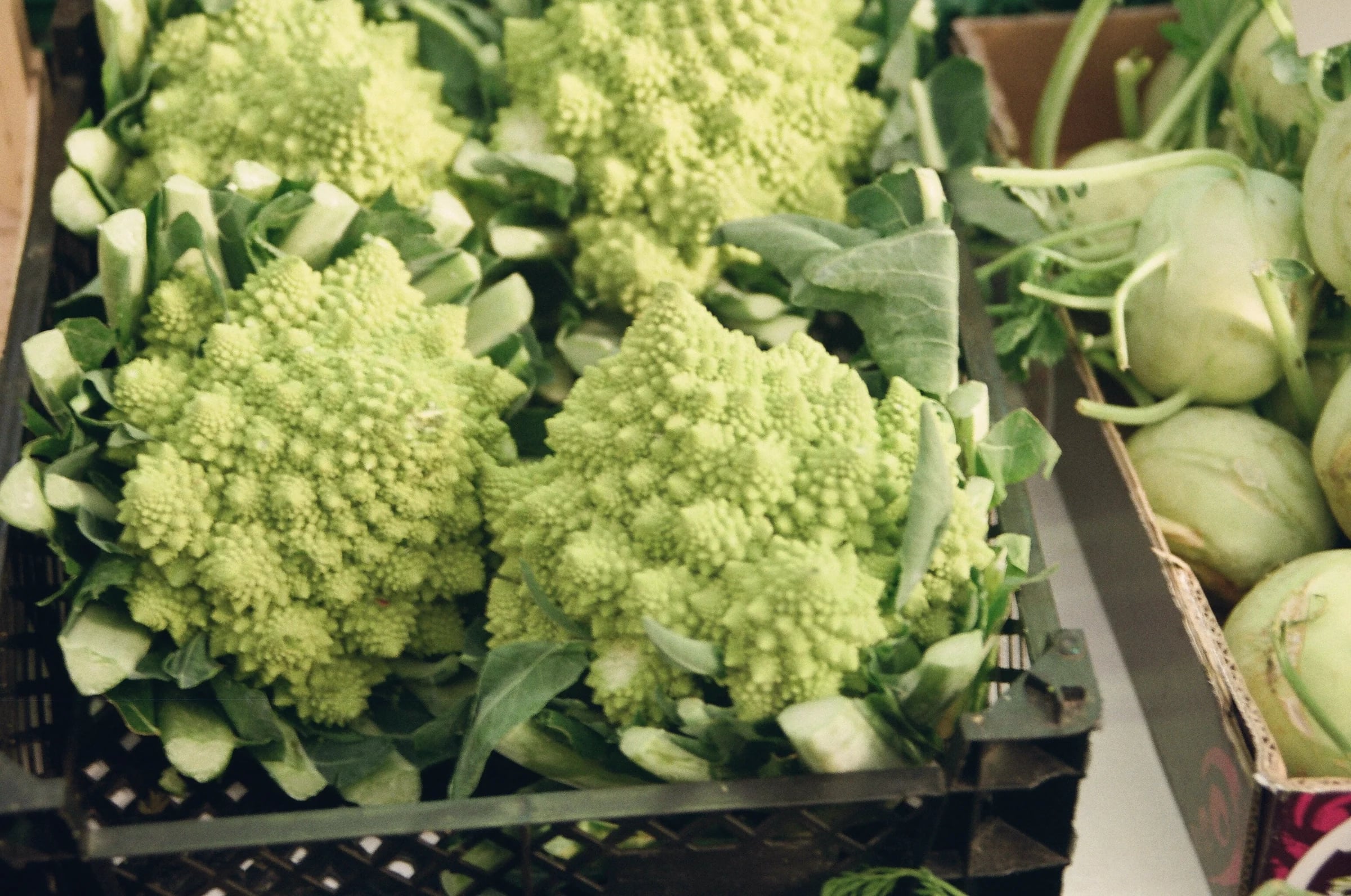 Crates of romanesco and kohlrabi at a market
